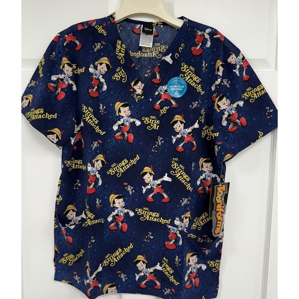 NWT Disney Tooniforms Cherokee Pinocchio Scrub Top Men's 2XL Blue Uniform Nurse